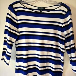 Lauren Ralph Lauren Plus Size Blue, Black and White Striped 3/4 Sleeve Top